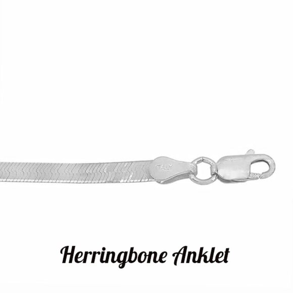 Real Sterling Silver Herringbone Ankle Bracelet, SOLID Silver Anklet Stamped 925 - Picture 4 of 5
